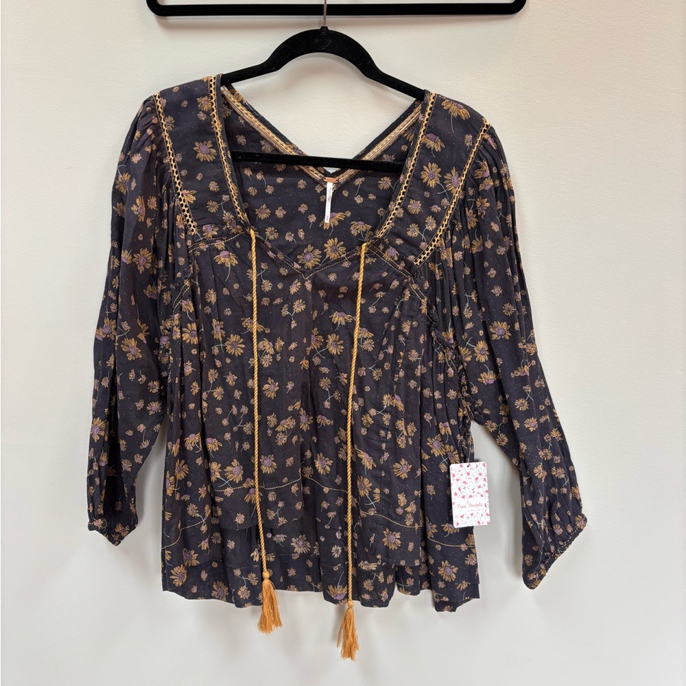 Free People Black Floral Tassel Peasant Blouse
